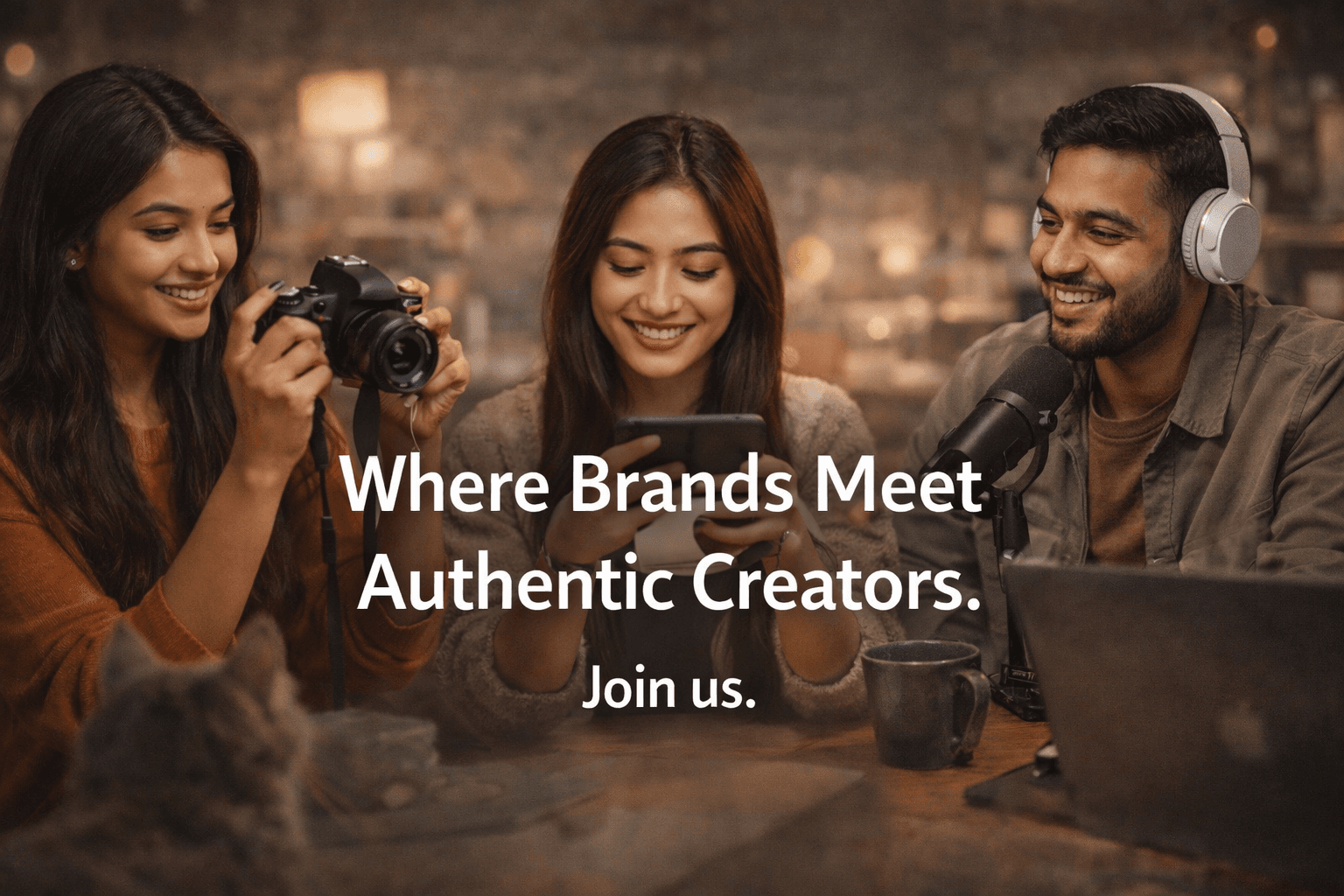 Creators collaborating with camera, phone and microphone